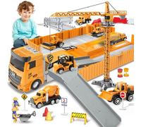 deAO Construction Truck Set with Cargo Truck with Bulldozer, Tractor, Forklift, Mixer, Excavator, Crane and Dumper- Great Gift