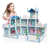 deAO DIY 3D Dolls House, Blue Portable Dollhouse Large Three Story Castle Dolls House Playset With Furniture & Accessories Included Outdoor Space Open