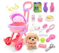 deAO Dog Toys for Kids, Walking Electronic Interactive Dog Plush Toys with Stroller & Grooming Care Accessories, Pretend Play Pet Puppy Care Set for Toddlers Girls 3 4 5 6+ Years Old