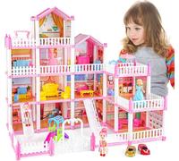 deAO Doll House for Girls, Dolls House Playset With Doll Figures, Furnitures and Accessories, 4-Story DIY Playhouse Princess Castle Dollhouse Toys for Kids 3 4 5 6 7 8 Years Old (Pink)