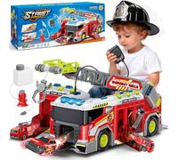 deAO Fire Engine Toys Set for Kids, Fire Truck Playset with Sound & Light, Rescue Ladder, Crane, Water Spray and Interphone, City Car Toys with 6 Mini Vehicles for Toddlers Boys 3 4 5 6+ Years Old