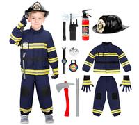 deAO Fireman Costume, Fireman Outfit for 3 4 5 6 7 8 Year Old, Boys Girls Fireman Outfit for 90cm~110cm, Fireman Set for Kids with Dress Up Set with Gloves, Helmet, Hose and Toolbox (BLUE, 100~110CM)