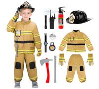deAO Fireman Costume, Fireman Outfit for 3 4 5 6 7 8 Year Old, Boys Girls Fireman Outfit for 90cm~120cm, Fireman Set for Kids with Dress Up Set with Gloves, Helmet, Hose and Toolbox (Brown, 90~100CM)