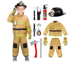 deAO Fireman Costume, Fireman Outfit for 3 4 5 6 7 8 Year Old, Boys Girls Fireman Outfit for 90cm~120cm, Fireman Set for Kids with Dress Up Set with Gloves, Helmet, Hose and Toolbox (100~110CM)