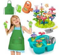 deAO Gardening Set with DIY Flower Kits, Role Play Set Including Gardening Tools, Watering Can, Apron, Gloves, Shovel, Flower Basket for Kids Age 3+ Outdoor Pretend Play Toys Gift Set Green