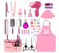 deAO Girls Beauty Salon Set Age 3+, 32PCS Kids Beauty Salon Toy Kit,Pretend Play Hair Stylist Toy Kit with Hairdryer, Barber Costume Apron,Hair Styling Toy Playset for Girls