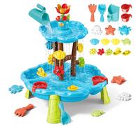 deAO Kids 2-Tier Water Play Table with 31PCS Accessories, Outdoor Sand & Water Activity Table for Toddlers Age 3+, Sensory Play Table with Waterfall, Moulds & Beach Toys for Backyard Garden Summer