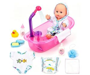 deAO Kids Baby Doll Bath Time Playset with Bathtub, Working Shower Head, Outfits, Doll Feeding Bath& Full Care Accessories, Interactive Pretend Play Bath Set for Toddlers Kids Age 3+