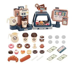 deAO Kids Coffee Shop Role Play Set with Working Coffee Machine, Dessert Display, Cash Register, Coffee Maker Play Set with Realistic Accessories, Interactive Toys, Birthday Gift for Kids 3+