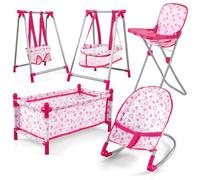 deAO Kids Deluxe 5-in-1 Baby Doll Pretend Play Set with Doll Accessories, Cot Bed, Bouncer, Adjustable Swing Seat, High Chair, Pretend Parenting Role Play Toy for Girls(Doll Not Included)