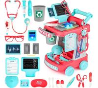 deAO Kids Doctor Playset with Medical Trolley, Pretend Play Doctor Nurse Costume Set, Role Play Medical Kit with Stethoscope, Syringe, Bandages, Learning Toy Hospital Play Center for 3-12 Kids (Pink)
