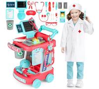 deAO Kids Doctor Playset with Medical Trolley, Pretend Play Doctor Nurse Costume Set, Role Play Medical Kit with Stethoscope, Syringe & Bandages, Hospital Play Center for Kids (Pink)