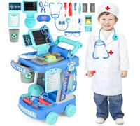 deAO Kids Doctor Playset with Medical Trolley, Pretend Play Doctor Nurse Costume Set, Role Play Medical Kit with Stethoscope, Syringe & Bandages, Hospital Play Center for Kids (Blue)