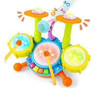 deAO Kids Drum Kit with Microphone & LED Lights, Interactive Musical Toys for Toddlers with Sound Effects, Sticks & Learning Modes, Table Top Drum Set for 3+ Years Boys Girls