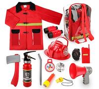 deAO Kids Fireman Costume Set with 13 Firefighter Toy Accessories, Firefighter Role Play Dress Up Outfit for Boys & Girls 3+ Years, Halloween Fancy Dress & Pretend Play Toys for Toddlers