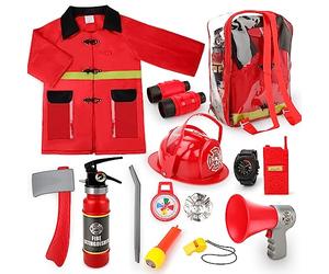 deAO Kids Fireman Costume Set with 13 Firefighter Toy Accessories, Firefighter Role Play Dress Up Outfit for Boys & Girls 3+ Years, Halloween Fancy Dress & Pretend Play Toys for Toddlers