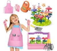 deAO Kids Gardening Set with DIY Flower Kits, 57 PCS Role Play Garden Toys, Children's Gardening Tools, Watering Can, Apron, Gloves, Shovel, DIY Petal Craft Accessories, Outdoor Play Gifts Pink