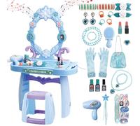 deAO Kids Makeup Sets for Girls, Vanity Table Chair Set with Mirror, Blue | Role Play Toy, Light & Music Function, Princess Toy, Jewelry Decoration Set, Hair Dryer Toy, Beauty Salon Gift for Girls 3+