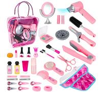 deAO Kids Role Play Hair Salon Kit Age 3+, Portable Makeup & Hair Styling Pretend Play Set with Carry Case, Cosmetic Case, Curling Iron for Hairdressing & Makeup Practice Gift for Kids 3+