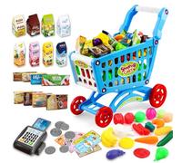 deAO Kids Shopping Cart Trolley Toy, 65pcs Supermarket Playset Cart with Food Fruit Vegetables, POS Machine, Plastic Money and Shopping Cards - Pretend to Play Role Play Educational Toy (Blue)