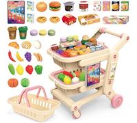deAO Kids Shopping Trolley, 2-Tier Toy Shopping Cart with Play Food Set | 2-in-1 Shopping Trolley with Detachable Carry Basket & Smooth Wheels, Educational Shopping Role Play Toys for Toddlers 3+