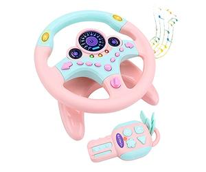 deAO Kids Steering Wheel for Car Backseat Pretend Driving Simulated Driving Steering Wheel Toy with Light and Music, Early Educational Gifts for Kids- Pink