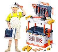 deAO Kids Tool Set, Kids Tool Bench, Foldable Workbench, 90 PCS Tools Set | 4 In 1 Transformable Construction Play Toy with Electric Drill, Hammer, Wrench, Birthday Gift, Educational Toy for 3+