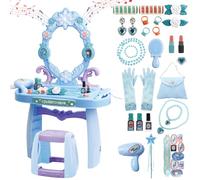 deAO Kids Vanity Table and Chair Set, Vanity with Light & Music, Shatterproof Mirror Pretend Play Makeup & Hair Dryer Toy Set, Princess Beauty Salon Gift for Girls 3+ with Grooming Accessories(Blue)