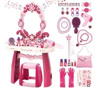 deAO Kids Vanity Table and Chair Set with Mirror and Chair, Toddler Vanity with Light & Music, Pretend Play Makeup & Hair Dryer Toy, Beauty Salon Gift for Girls Ages 3-5