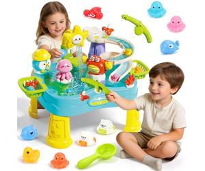deAO Kids Water Table Electric Play Sink with Running Water, Fishing Game | Sand and water play table for kids with fishing game, slide and ocean toys - indoor and outdoor sensory fun, 4 x AA needed