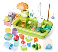 deAO Kitchen Play Sink with Running Water, Pretend Play Wash-up Kitchen Sets with Upgraded Water Faucet, Kids Role Play Dishwasher Toy with Kitchen Accessories for Chlidren (Green), Medium, WD-R43