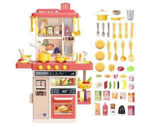 deAO Kitchen Playset Toy with Realistic Lights & Sounds, Kids Play Kitchen Set with Simulation of Spray Features, Pretend Role Play Toys with Lots of Kitchen Accessories Gift for Toddlers (Pink)
