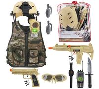 deAO Military Soldier Camouflage Desert War Costume Set with Helmet, Toy Shotgun, Grenades, Accessories and Storage Backpack - Great for Kids