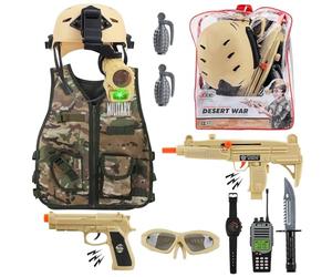 deAO Military Soldier Camouflage Desert War Costume Set with Helmet, Toy Shotgun, Grenades, Accessories, and Storage Backpack, Army Roly Play Toys, Washable Soldier Dress- Great Gift for Kids