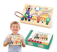 deAO Montessori Busy Board Toys for Toddlers, Wooden Sensory Board Toy with 8 Switches and 15 LED Lights, Educational Travel Activity Toys for Girls & Boys