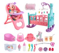 deAO ?My First Baby Doll? Play Set Includes Miniature Crib, High Chair, Feeding Accessories - 21 Pieces Toy Play Set (Baby Doll Included)