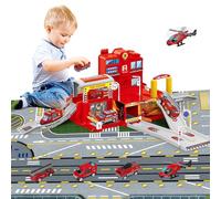 deAO Police Station Playset, Toy Garage for 3 year old, Kids' Play Vehicle Garages with Ramps Track Garage Vehicles Helicopters Traffic Signs,Play Figures Playset (Fire Station Playset)