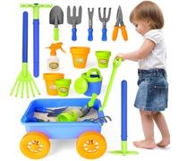 deAO Pull along Kids Wagon Wheelbarrow and Gardening Tools Play Set Includes 10 Accessories and 4 Plant Pots