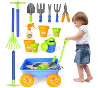 deAO Pull along Kids Wagon Wheelbarrow and Gardening Tools Play Set Includes 10 Accessories and 4 Plant Pots