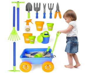 deAO Pull along Kids Wagon Wheelbarrow and Gardening Tools Play Set Includes 10 Accessories and 4 Plant Pots