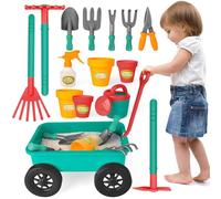 deAO Pull Along Kids Wagon Wheelbarrow, Gardening Tools Toy Play Set, Green | Children's Gardening Sets, Gardening Tools, Kids Wheelbarrow & Gardening Set, Pull Along Wagon Set, Outdoor Toys for Kids 3+