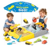 deAO Sand and Water Table, 2 IN 1 Construction Excavators Beach Toys with Umbrella, Outdoor Sensory Play Set, Creative Play Summer Outdoor Beach Garden Toy Gifts for Kids 3-12 Year