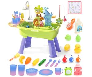 deAO Sand and Water Table Play Set, Multifunctional Dishwashing Sink, Fishing Game Toys, Color-Changing Tableware, Kitchen Accessories, Water Toys, Beach Pool Outdoor Play Toys, Gift for Kids 3+