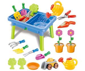 deAO Sand and Water Table Sand Pit with Garden Tools, Flower Planting Set, Fun Beach Toy for Creative Play Summer Outdoor Beach Garden Toy Gifts for Kids (Ages 3-8)