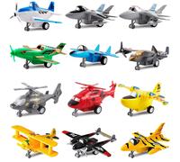 deAO Set of 12 Pull Back Airplanes Vehicle Playset Variety Pack of Helicopters, Stealth Bombers, Fighter Jets, Aircraft, Planes, Multicoloured