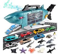 deAO Shark Transport Truck Toy Cars for Kids with Light & Music, Shark Toys Truck with 18PCS Sea Animal Toys and 8 PCS Truck Toys, Shark Toy Cars for 3+ Years Old Boys Girls