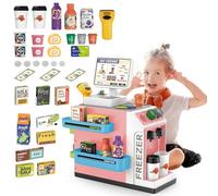 deAO Supermarket Playset with Coffee Machine, Interactive Food, Play Scanner Toy, Cash Register Set Includes Milk, Coffee, Play Money, Realistic Shopping Role Play Toys for Kids 3+ (Pink)