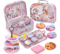 deAO Tea 46 Piece Die-cast Pretend Role Set & Portable Carry Case Party Playset Toy Play Kitchen Accessories for Toddlers Children Girls Red for Christmas