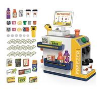 deAO Toy Kitchen, 2-in-1 Kids Supermarket Toy and Coffee Machine Play Set, 45 Pieces with Play Money, Shop Accessories, Shopping Cash Register with Scanner and Sound, Playset for Children from 3 Years