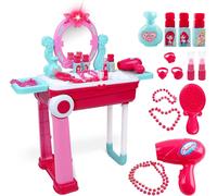 deAO Toys 2-in-1 Portable Vanity Dressing Table and Convertible Suitcase Role Play Set with Accessories Included